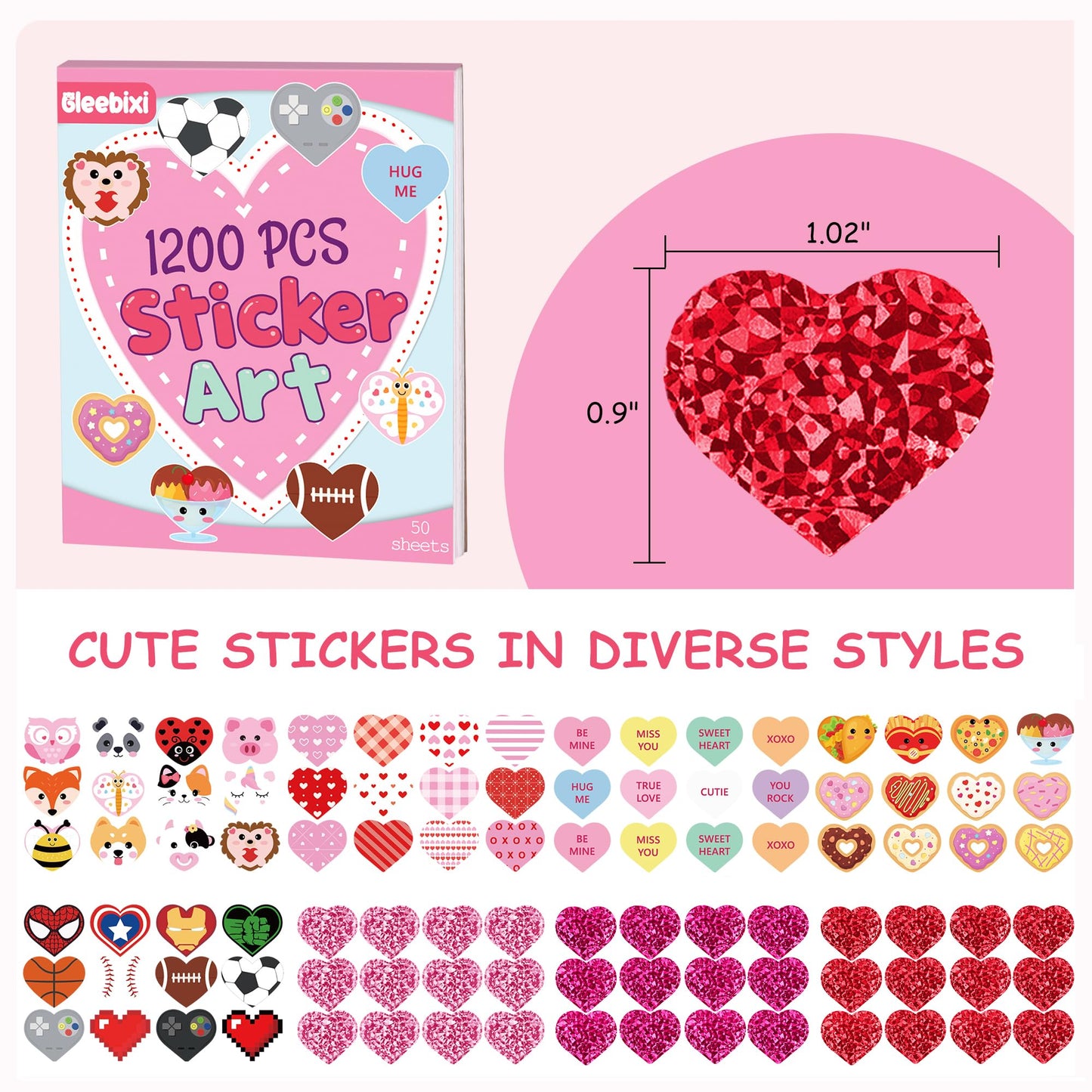 Gleebixi 1200pcs Valentines Heart Stickers for Kids, Valentine's Day Heart Stickers Book for Girls Boys Teens, 100th Day of School Project