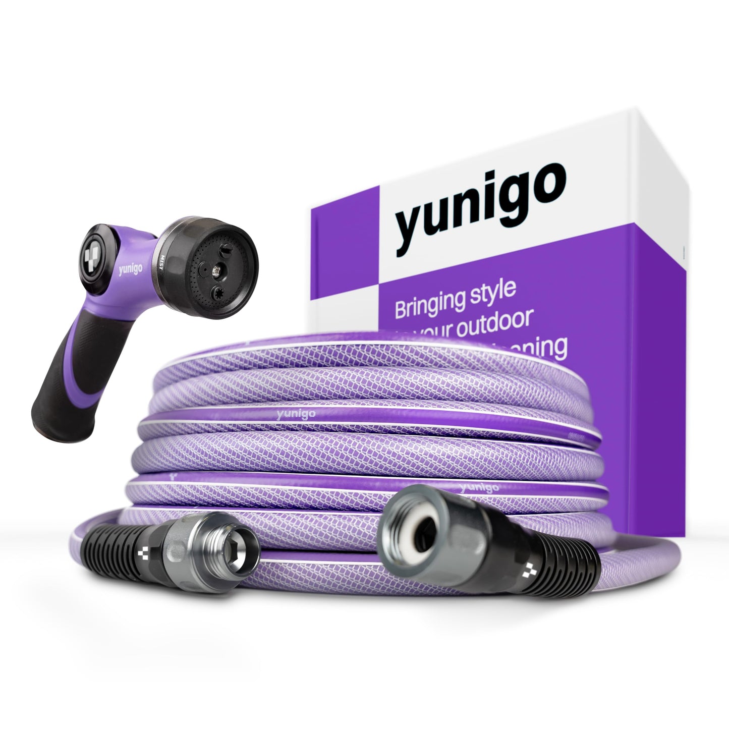 YUNIGO ESSENCE 5/8" 75ft Hybrid Purple Garden Hose – No-Kink Abrasion-Resistant with Durable Aluminum Fittings & Spray Nozzle, Ideal for Intensive Home & Garden Watering