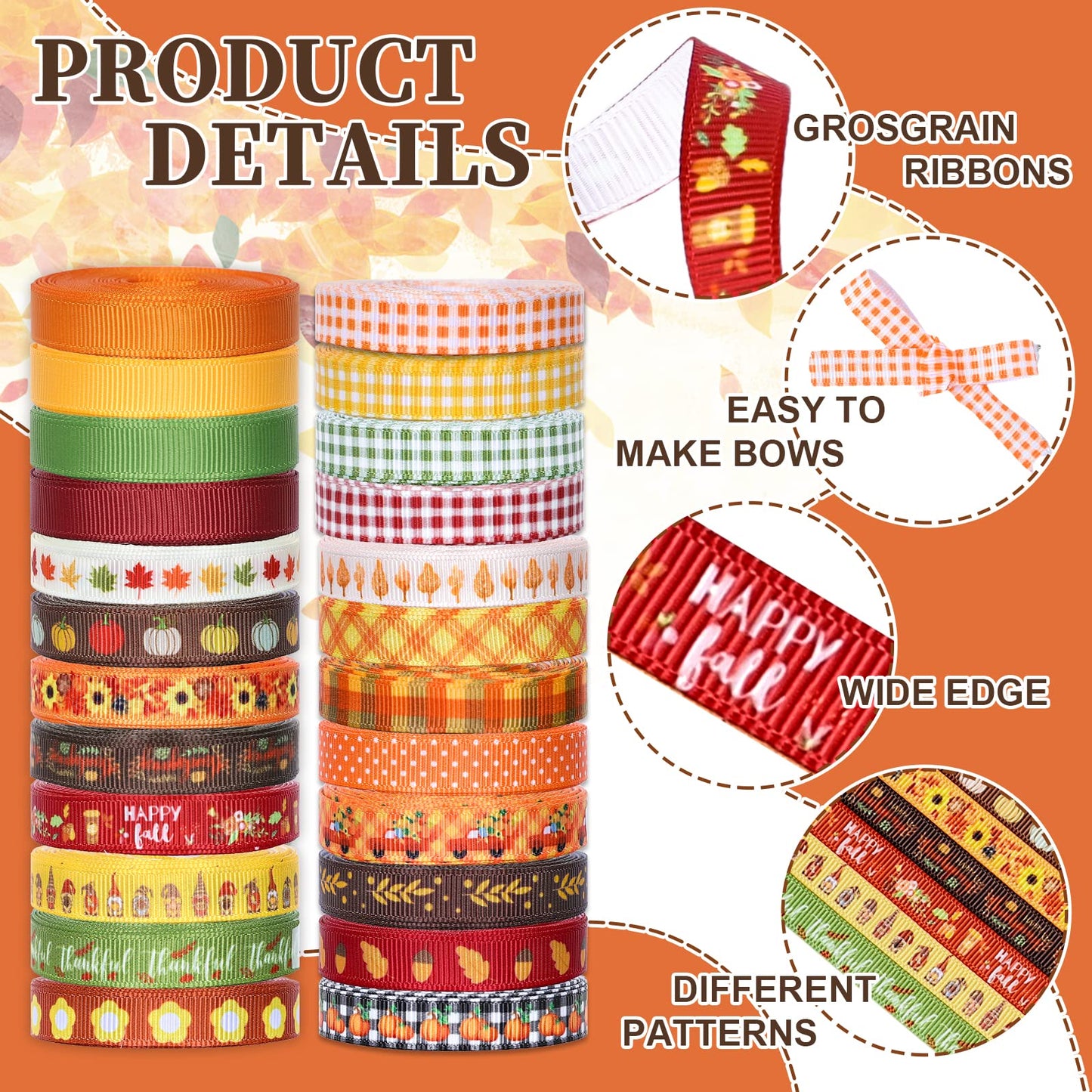 Whaline 120 Yards 24 Rolls Fall Thanksgiving Ribbons Pumpkin Maple Buffalo Plaids Leaves Printed Grosgrain Ribbons Autumn Harvest Thin Ribbons for Fall Craft Gift Wrapping Holiday Wedding Festival