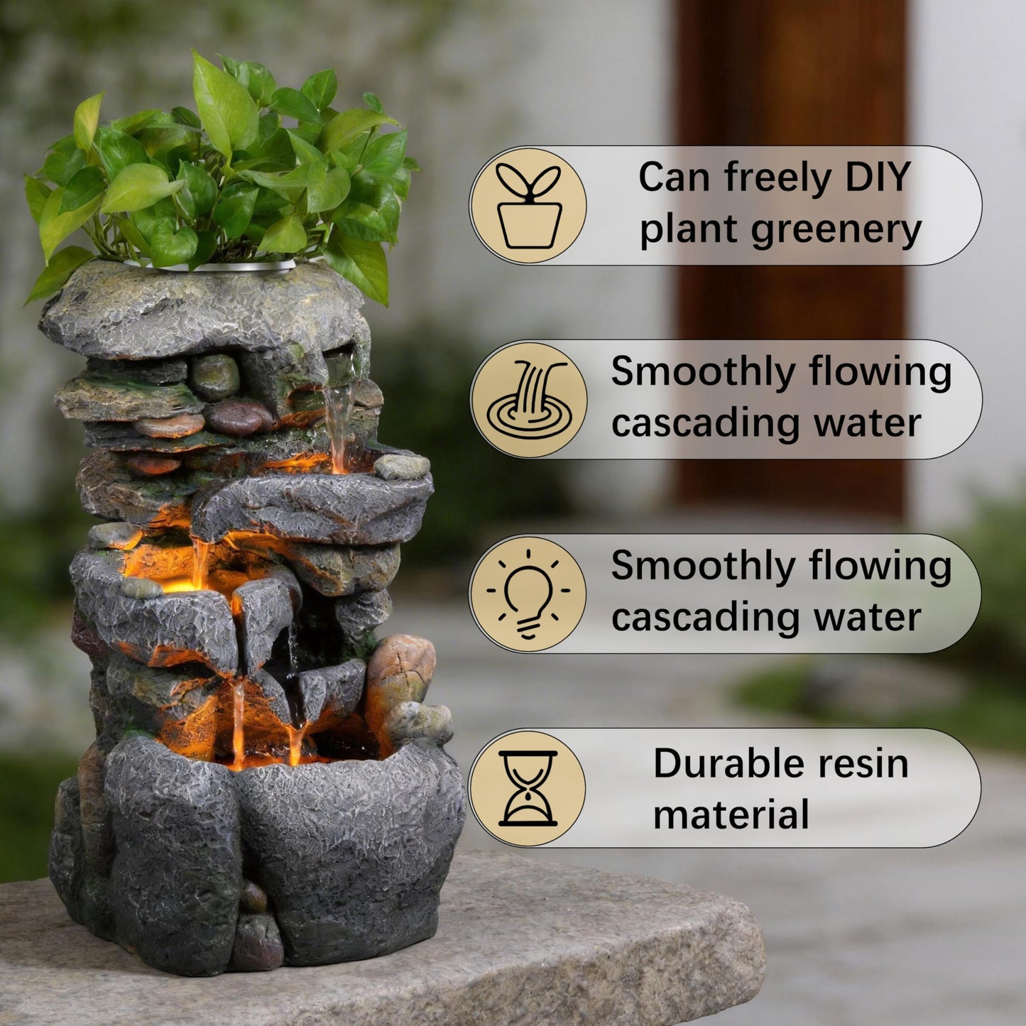 23" Tall Outdoor Water Fountain with Built-in Planter, 3-Tier Cascading Rock Waterfall with Warm LED Lights, Relaxing Zen Garden Fountain Decoration for Patio, Yard, Porch & Deck