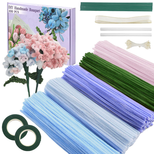 400 Pcs Pipe Cleaners Craft,5 Assorted Colors Pipe Cleaners Bulk, Chenille Stems for DIY Flower Making Kit with Floral Wires, Gardening Tape,Stamen& Ribbon (Colorful)