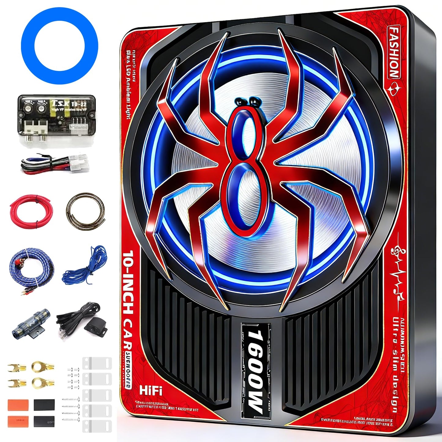 TZGBASS 1600W Slim Underseat Car Subwoofer and Amp Package, Powered Subwoofer with Built-in Class D Amplifier, Blue Ambient Light Switch, Deep Subsonic Bass, Under Seat Subwoofer for Car, Truck & SUV