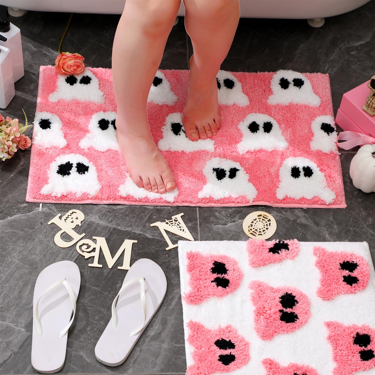 Tinideya 2 Pcs Gothic Bathroom Rugs Decor Pink White Ghost Bathroom Mat Gothic Rug Non Slip Front Door Mat Carpet for Bedroom Home Living Room Kitchen Floor Decor 31.5 x 19.7 Inch