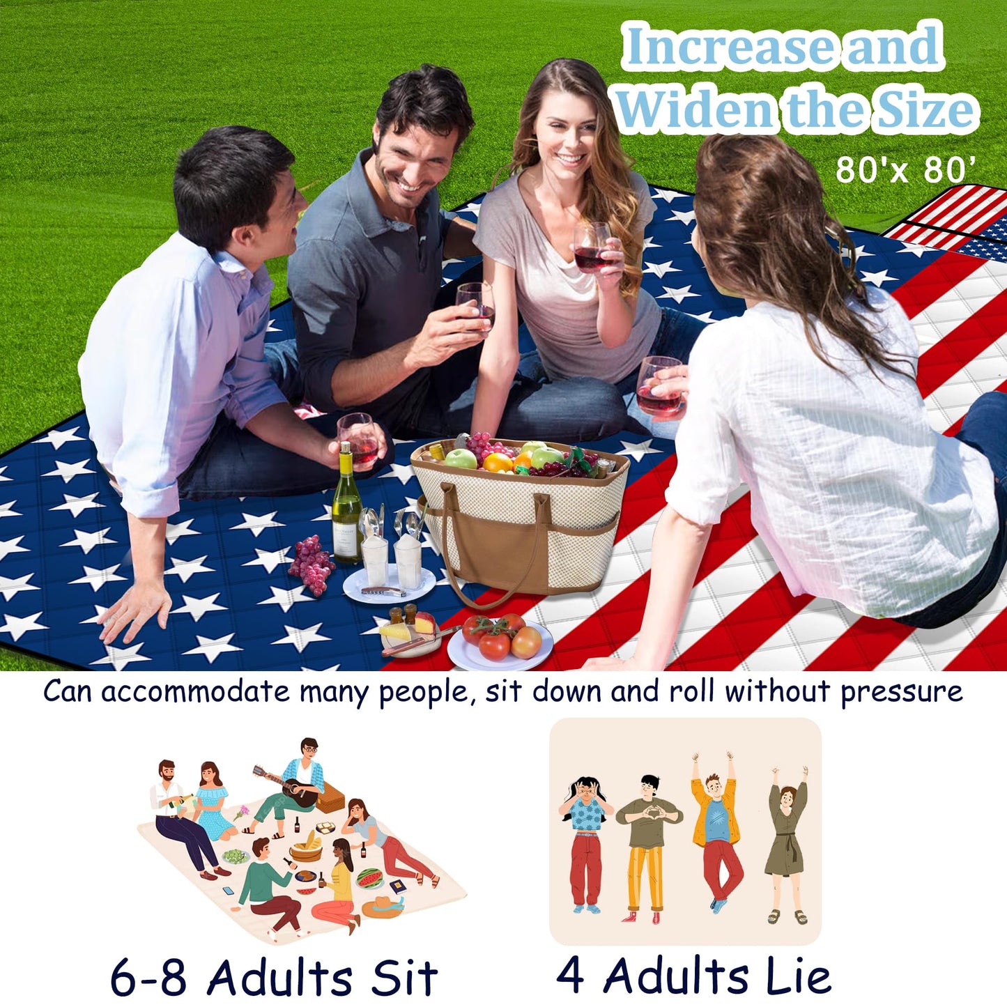 Poedist Extra Large Patriotic Picnic Blanket Waterproof,80"x 80"Foldable Machine Washable Beach Blanket,Outdoor Blanket for 6-8 Adults,Suitable for Indoor Crawling,Park Beach,Camping,Hiking,Travel