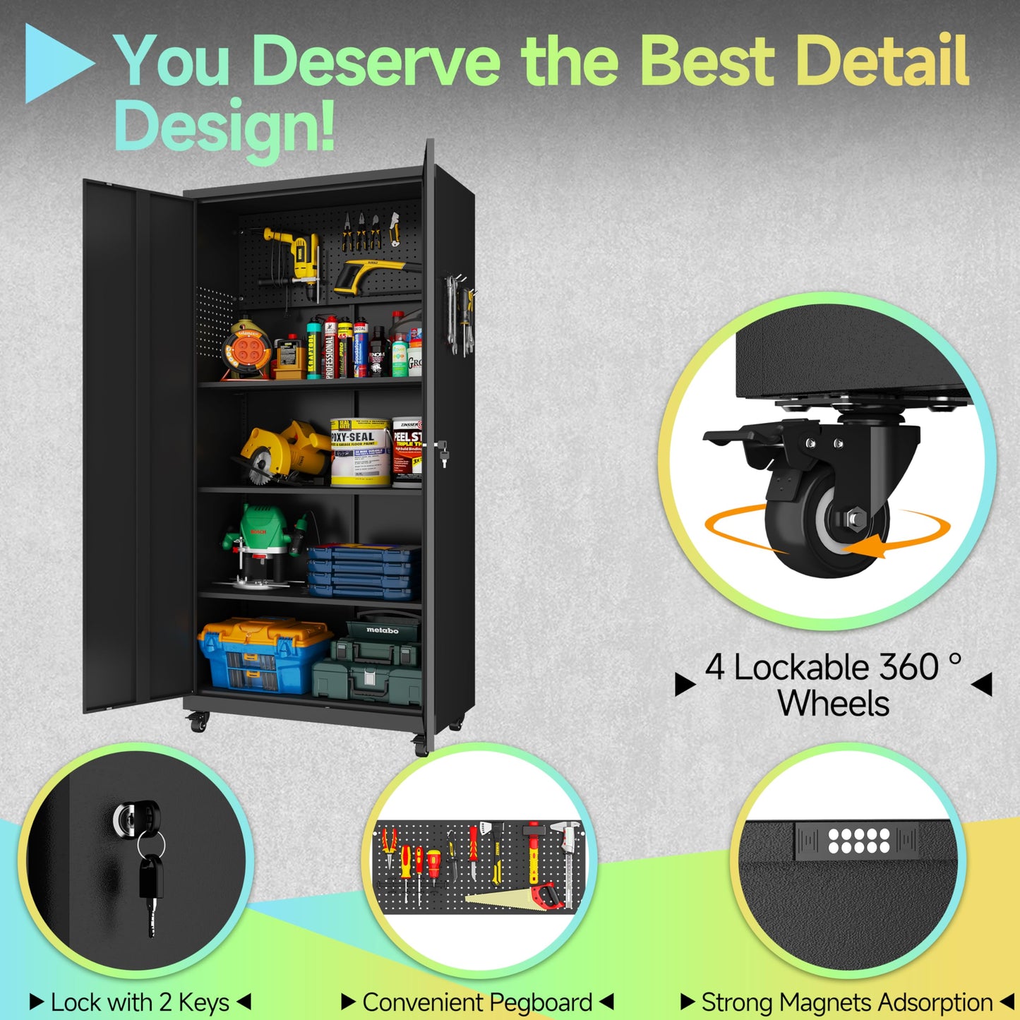 LONGLINK Metal Garage Storage Cabinet with Wheels,71" Tool Storage Cabinet with Adjustable Shelves,Lockable Storage Cabinets with Pegboards for Warehouse,Workshop,Garage,Basement,Utility Room(Black
