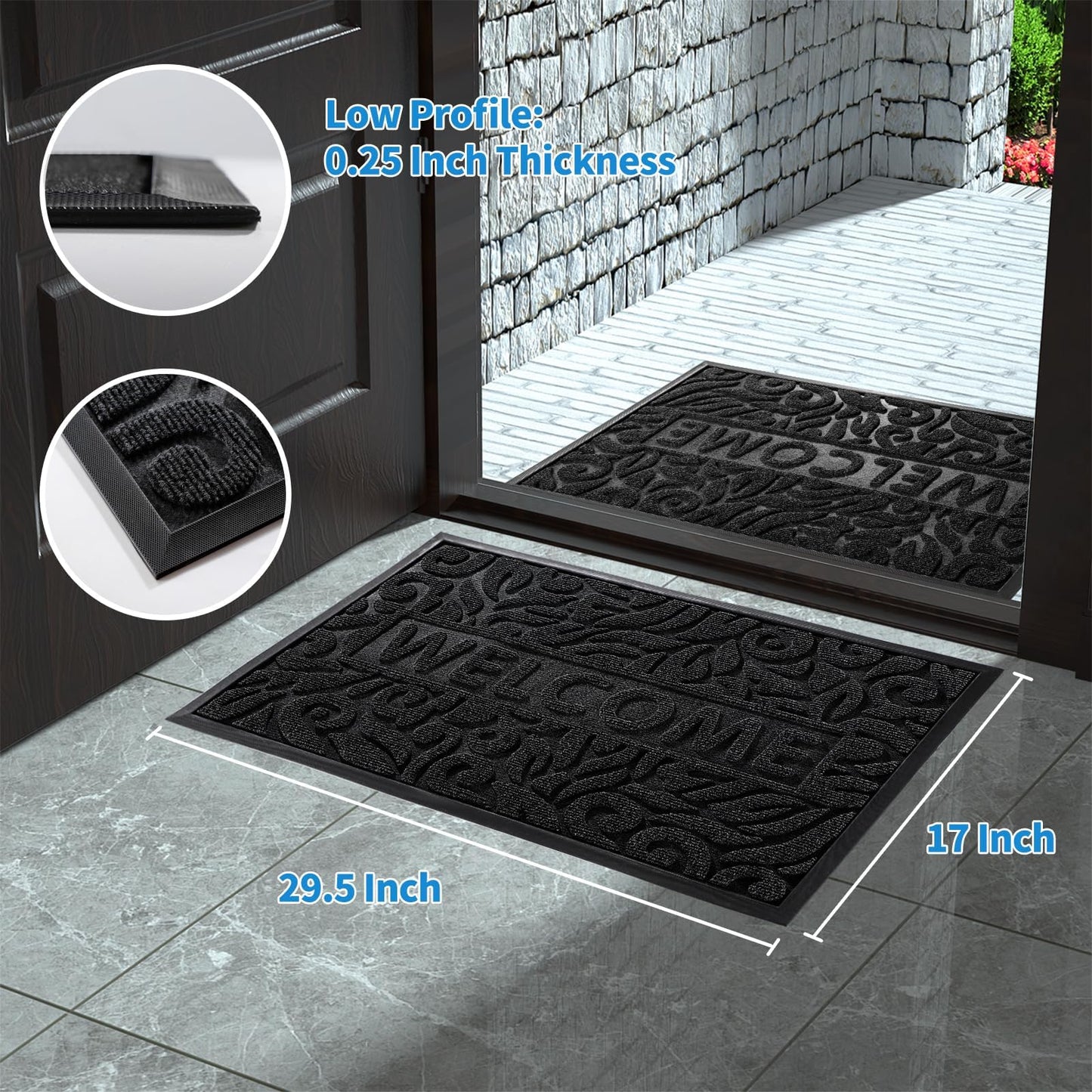 Yimobra Welcome Mat Outdoor 29.5x17, Waterproof Non-Slip Outdoor Mats for Front Door Outside Entrance, Low-Profile Entryway Mat Indoor for Garage Patio, Black