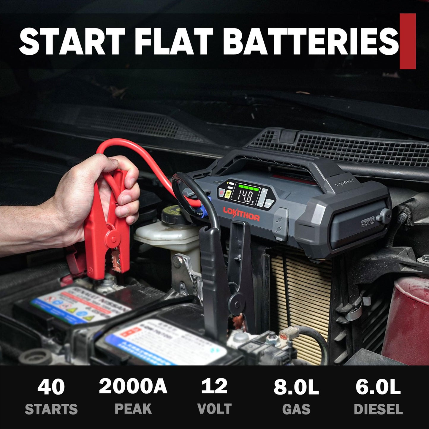 LOKITHOR JA301 Jump Starter with Air Compressor, 2000Amp 12V Portable Car Battery Booster Pack for Upto 8.0L Gas or 6.0L Diesel, 150 PSI Tire Inflator with Digital Screen, 30 Months Ultra-Long Standby