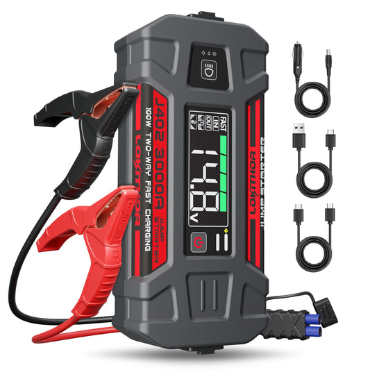LOKITHOR J402 Jump Starter 3000A 12V 24000Amh Portable Lithium Car Battery Booster Pack for Upto 9.0L Gas and 7.0L Diesel Engines, Jump Box and Jumper Cables, 100W Fast Charging, Smart Digital Screen