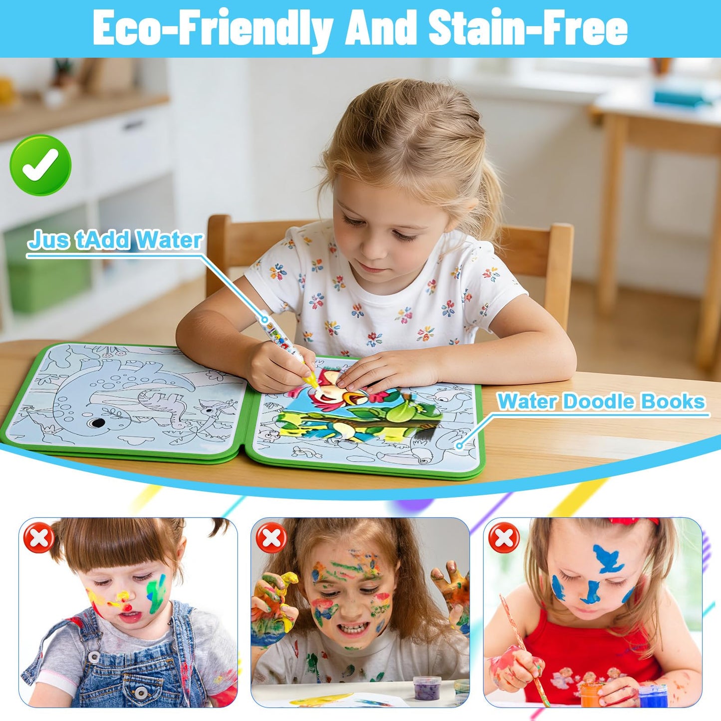 AIR BLOW Reusable Water Coloring Book for Kids, Magic Water Painting Books Toddler Travel Toys, Mess-Free Educational Activity Set, 3 Books with 3 Pens, Animal Ocean Transportation Daily Life YW1