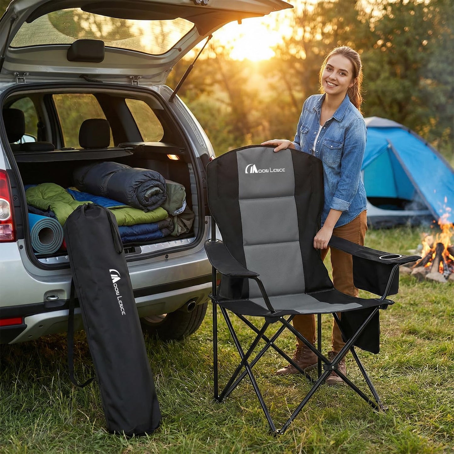 MOON LENCE Heavy Duty Camping Chair, 450LBS Capacity Folding Chair with Cup Holder & Cooler Bag, Portable Outdoor Chair for Camping, Backyard, RV and Beach, 1 Pack