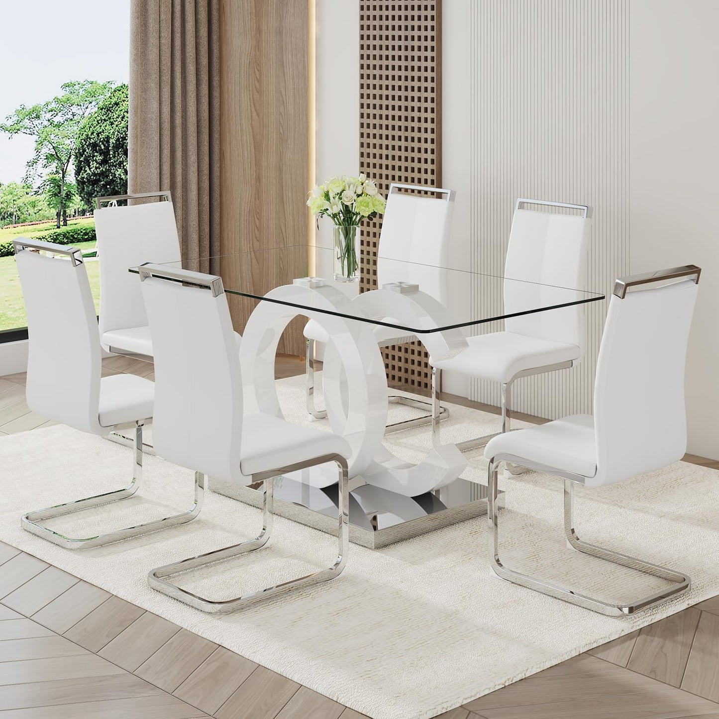 Ebullient Glass Table Set for 6, 7 Piece Set, Tempered Glass Top, White Modern Table with 6 PU Leather Ergonomic Chairs