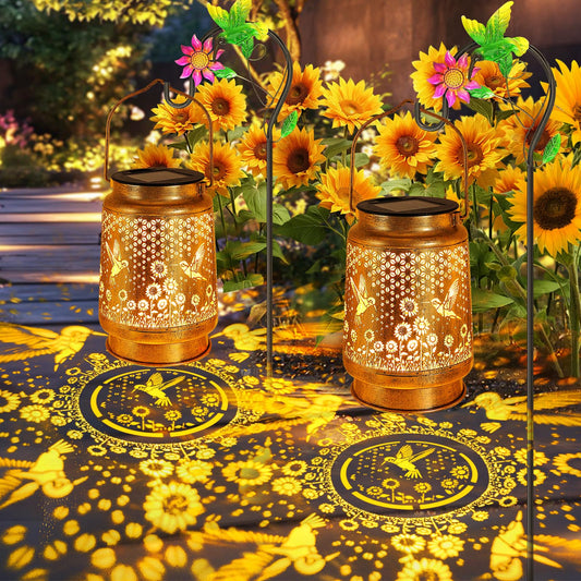 2 Pack Hummingbird Sunflower Solar Lanterns Outdoor with Shepherd Hook, Birthday Gift Mothers Day Gift for Women Mom Grandma Wife Daughter, Waterproof Hanging Lights, Decor for Yard Garden Patio Lawn