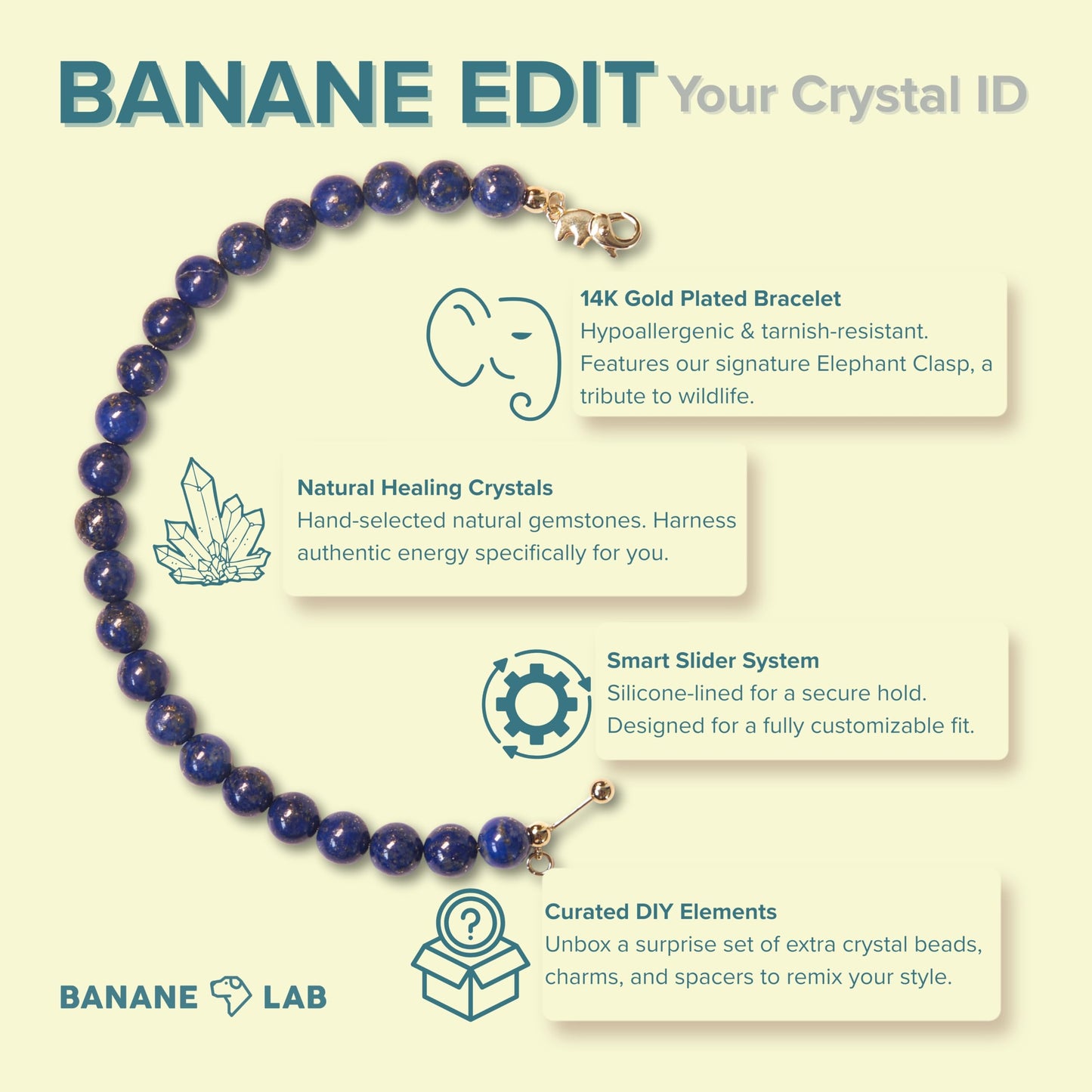 BANANE LAB Lapis Lazuli Bracelet | DIY Customizable Design | Natural 8mm Royal Blue Gemstone Beads on 14k Gold Plated Chain | Adjustable Third Eye Wisdom & Truth Jewelry Gift for Women