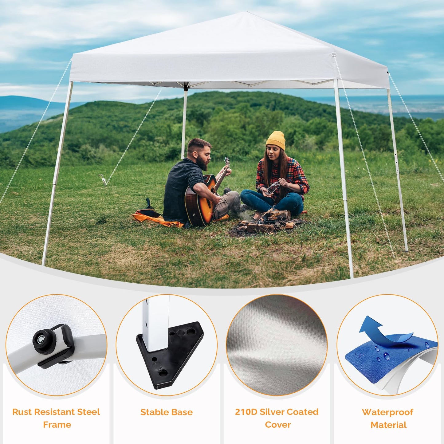 VINGLI 10x10 ft Pop Up Canopy Tent, Easy Up Tent Canopy, Foldable Portable Canopies for Camping, Patio, Outdoor Gazebo Slant Legs, Outdoor Instant Shelter Canopies with Carry Bag (White)