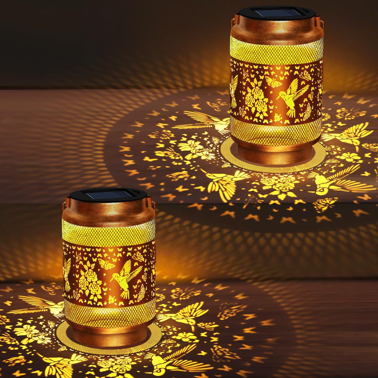 2 Pack Hummingbird Solar Lanterns Outdoor Waterproof,Hanging Solar Lights Garden Decor,Christmas Decorations Birthday Gifts for Women Mom Grandma,Metal Hollowed-Out Lanterns for Yard,Patio,Porch