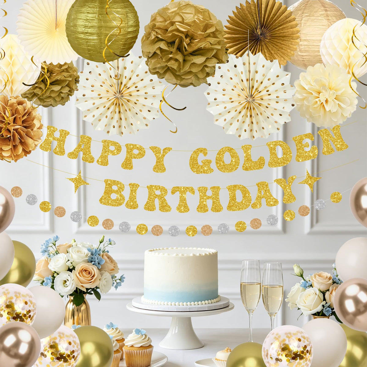 Golden Birthday Party Decorations,Gold Birthday Decorations with Happy Golden Birthday Banner,Paper Lanterns,Tissue Pom Poms,Fan,Gold Cream Balloons for Women Men,Photo Backdrop Decor,Gold Party