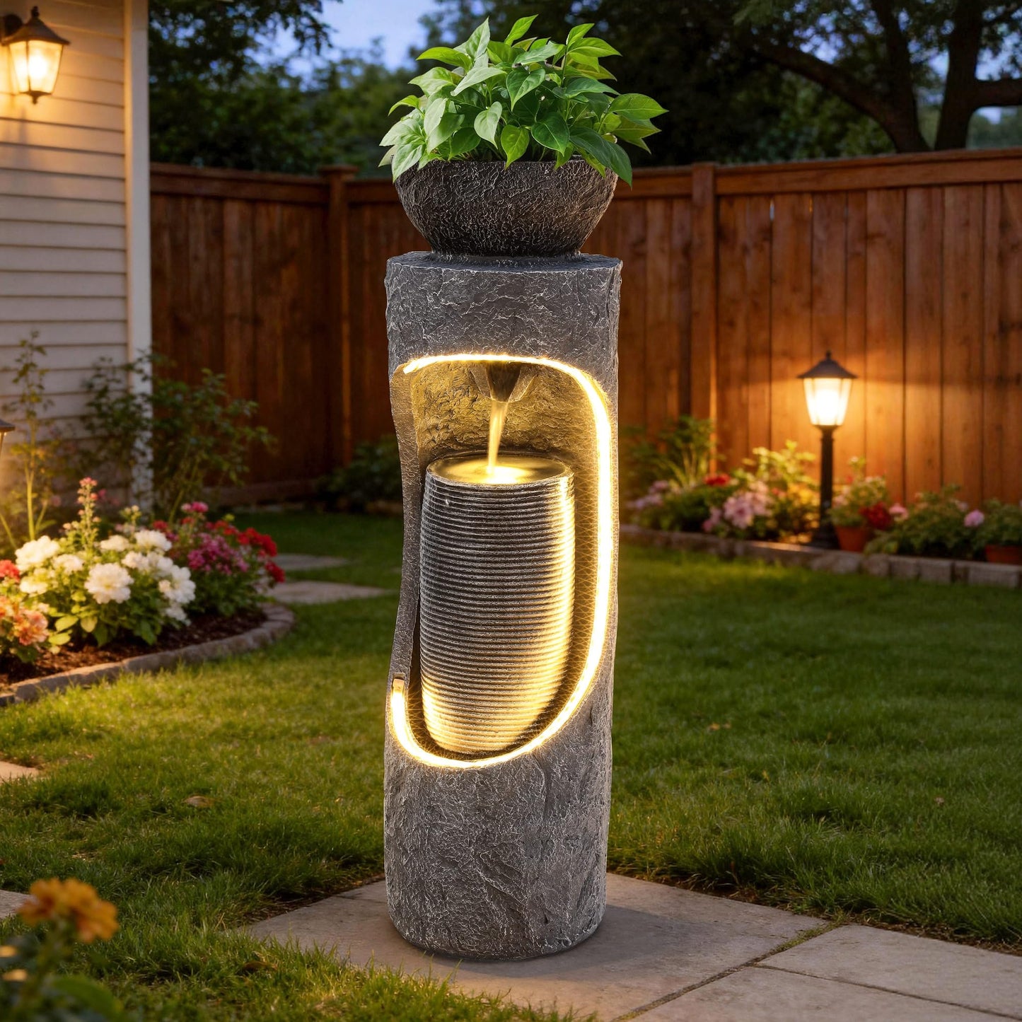 Ultym 40" Tall Outdoor Water Fountain, Dual-Layer Column Garden Fountain with Bird Feeder, Resin Soothing Cascading Waterfall Foutain for Patio, Backyard, Garden or Porch Decor