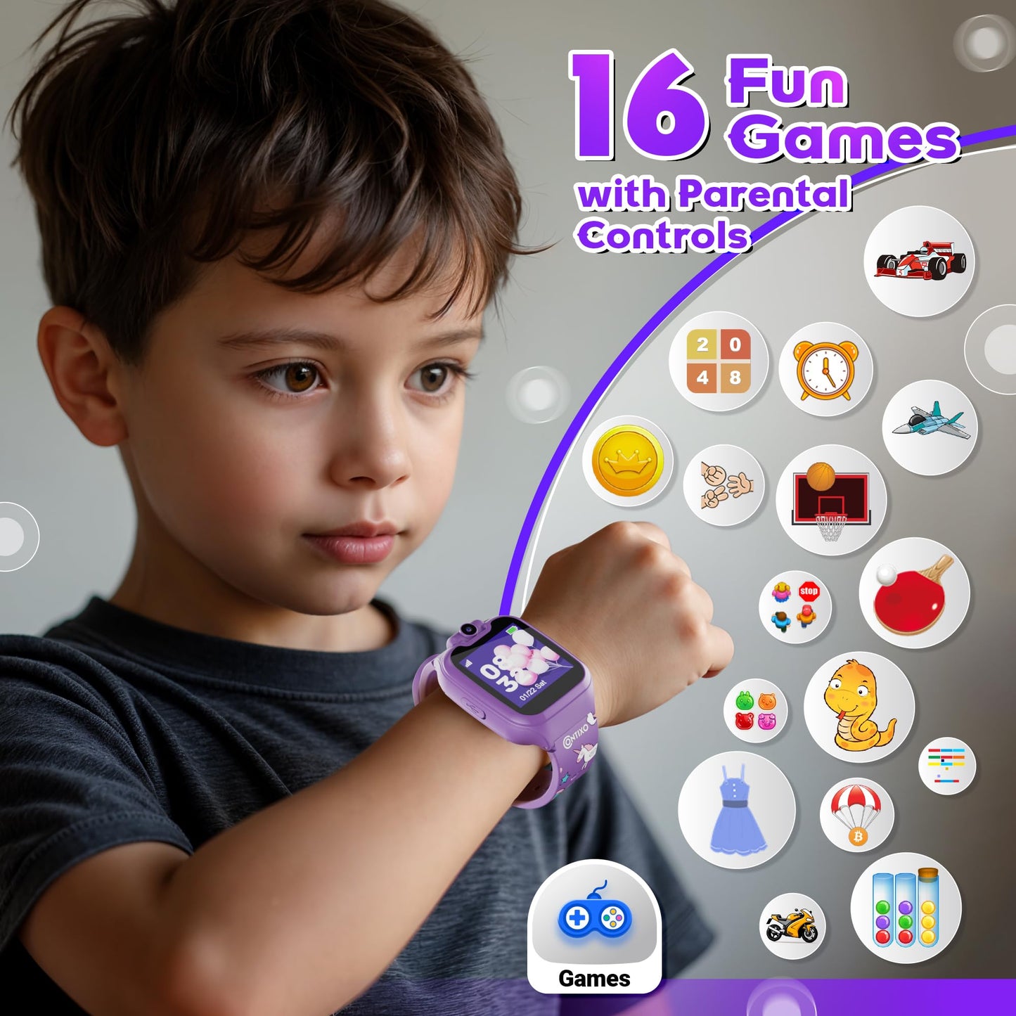 Contixo KW01 Smart Watches for Kids, Purple 1.54" HD Touch Screen Educational Smartwatch Toy with Games Camera Video Recorder Calculator Flashlight Music Player Gift for 3-12 Years Old Boys Girls