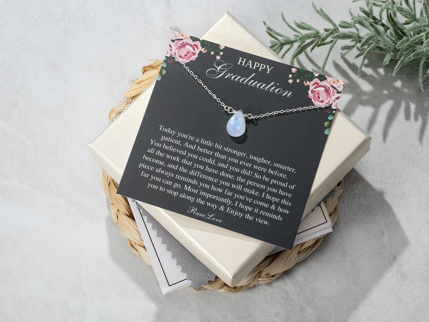 RareLove 2026 Graduation Gifts for Her Happy Graduation Moonstone Necklace Unique Graduation Jewelry 925 Sterling Silver Teardrop Pendant Necklace for Women College Graduation Gifts