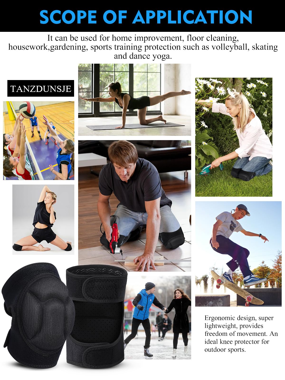 tanzdunsje Knee Pads Men/Women for Gardening 20mm EVA Foam,Adult knee pads for Cleaning Construction Work Volleyball, Football Dance, Adjustable Straps Non-Slip Straps (Black)