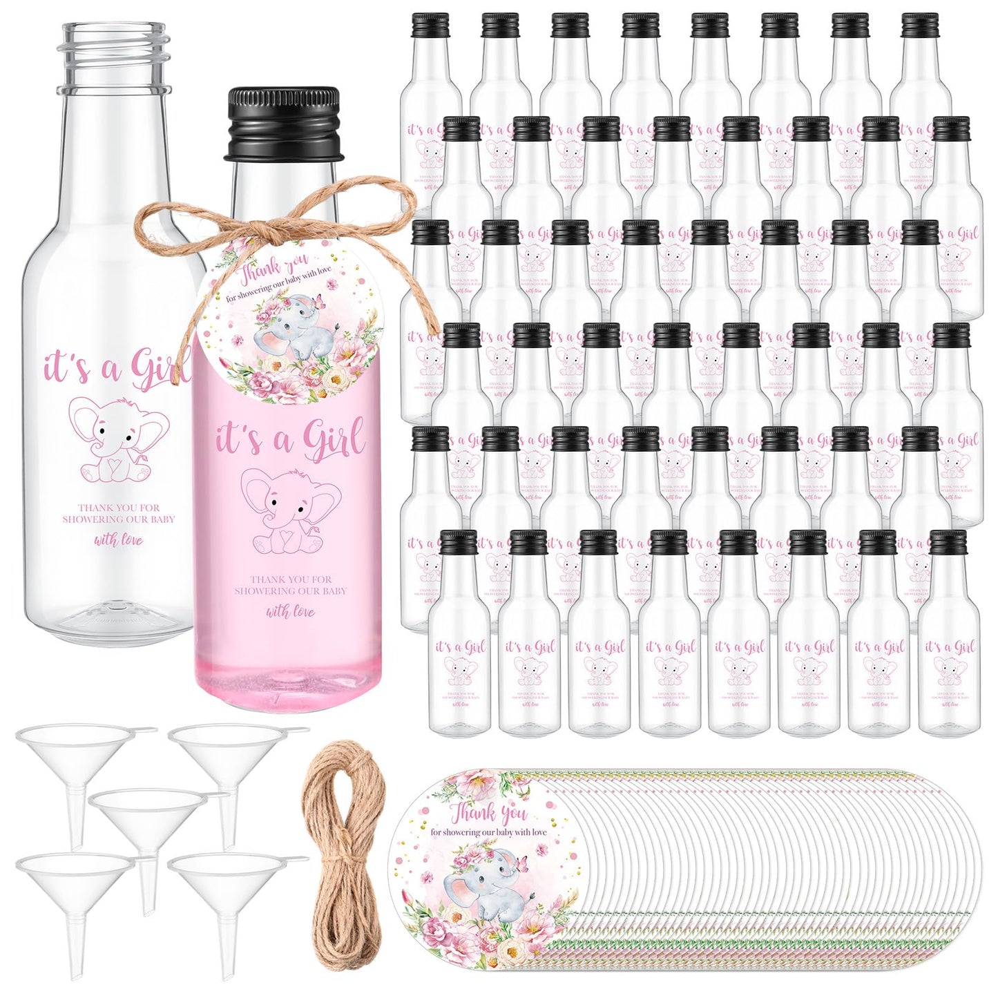 Funnymoom 50 Sets Elephant Party Favors for Guests 1.7oz/50ml Mini Liquor Bottles and Thank You Cards Funnels Plastic Empty Shot Bottles for Juice Alcohol Baby Shower Gender Reveal Party Gift