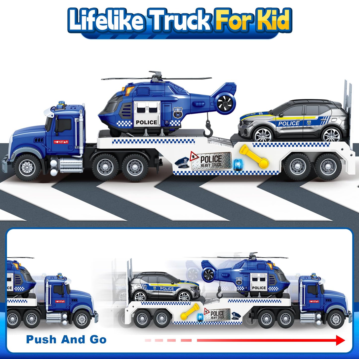 SpringFlower 21" Semi Truck Toy, 3 4 5 6 Year Old Boys Toddlers Police Truck Toy with Racing Car and Helicopter, 3 in 1 Police Car Toy, Birthday Gifts for Kids Child 3 4 5 6 Years Old