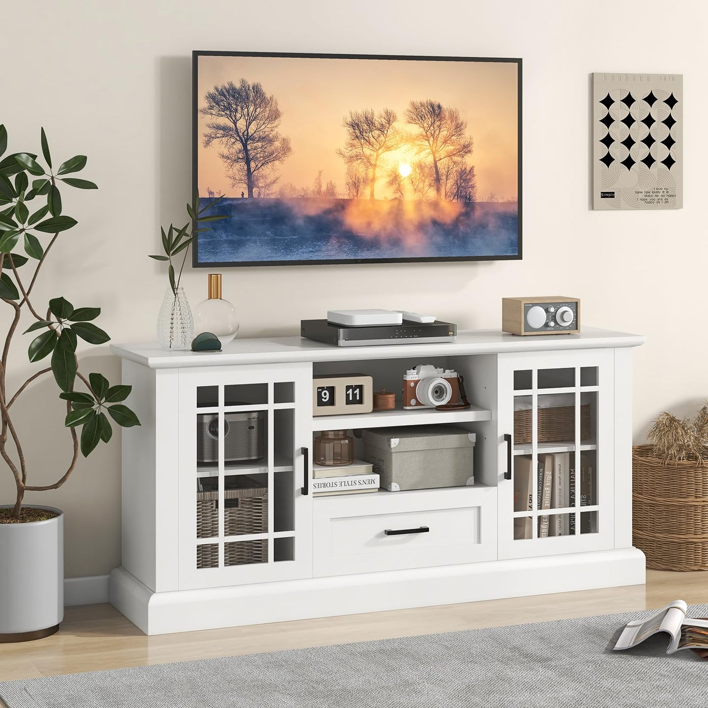 Tangkula Farmhouse TV Stand for TV up to 65 70 Inches, Tall Media Console Table with 2 Glass Storage Cabinets, 1 Drawer & 2 Open Shelves, Wooden Entertainment Center for Living Room (White)