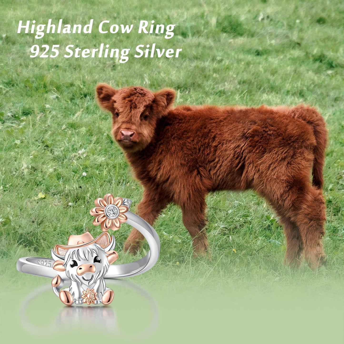 Zepmais 925 Sterling Silver Animal Ring - Adjustable Open Owl Axolotl Rings with Heart Cubic Zirconia Opal Cute Animals Jewelry Gifts for Women (Highland Cow)