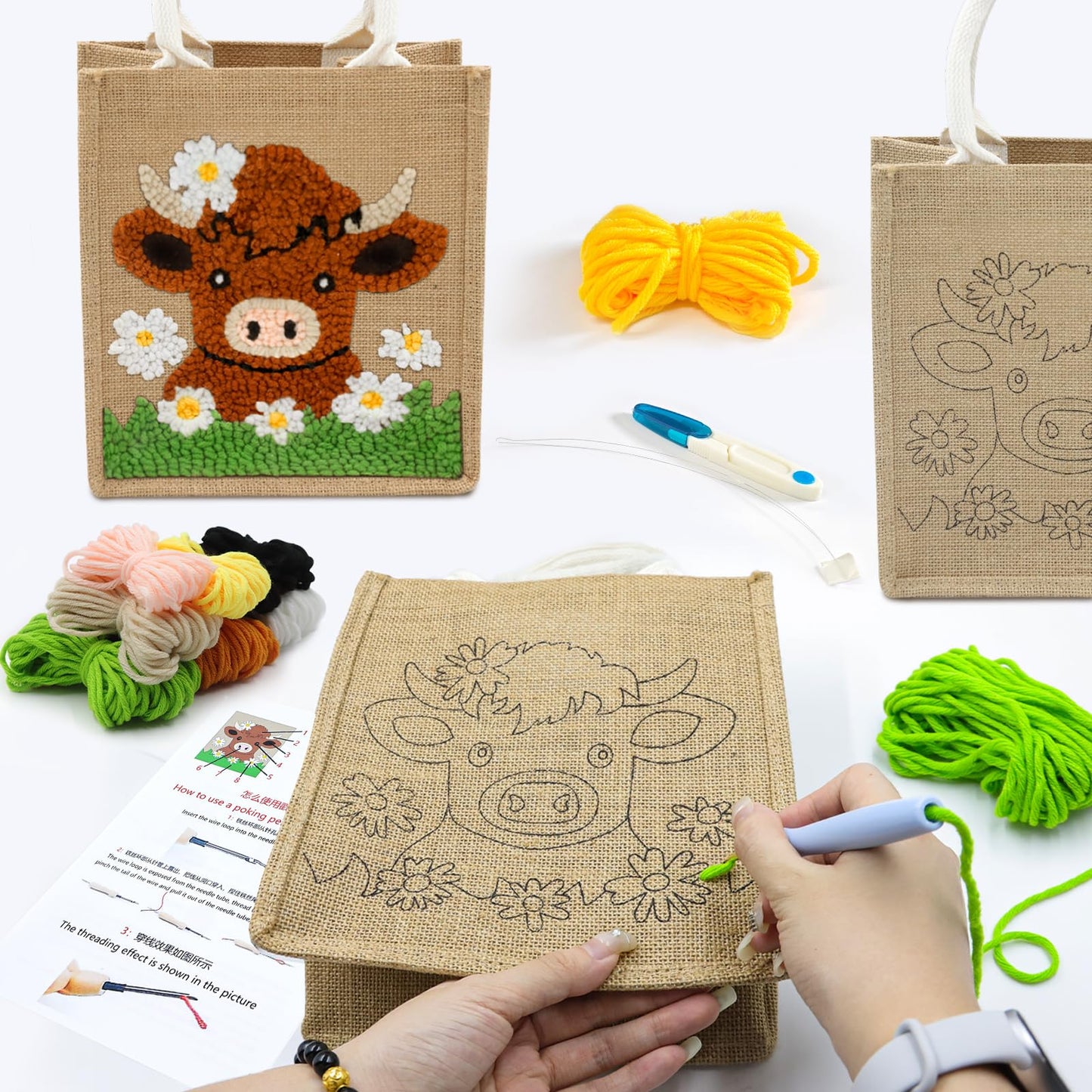 PUNICA Punch Needle Kits for Beginners with Highland Cow Pattern - Burlap Tote Bag for Adults & Kids, DIY Embroidery Starter Kit | Easy Craft Gifts (9x6.5x8.5 Inch)