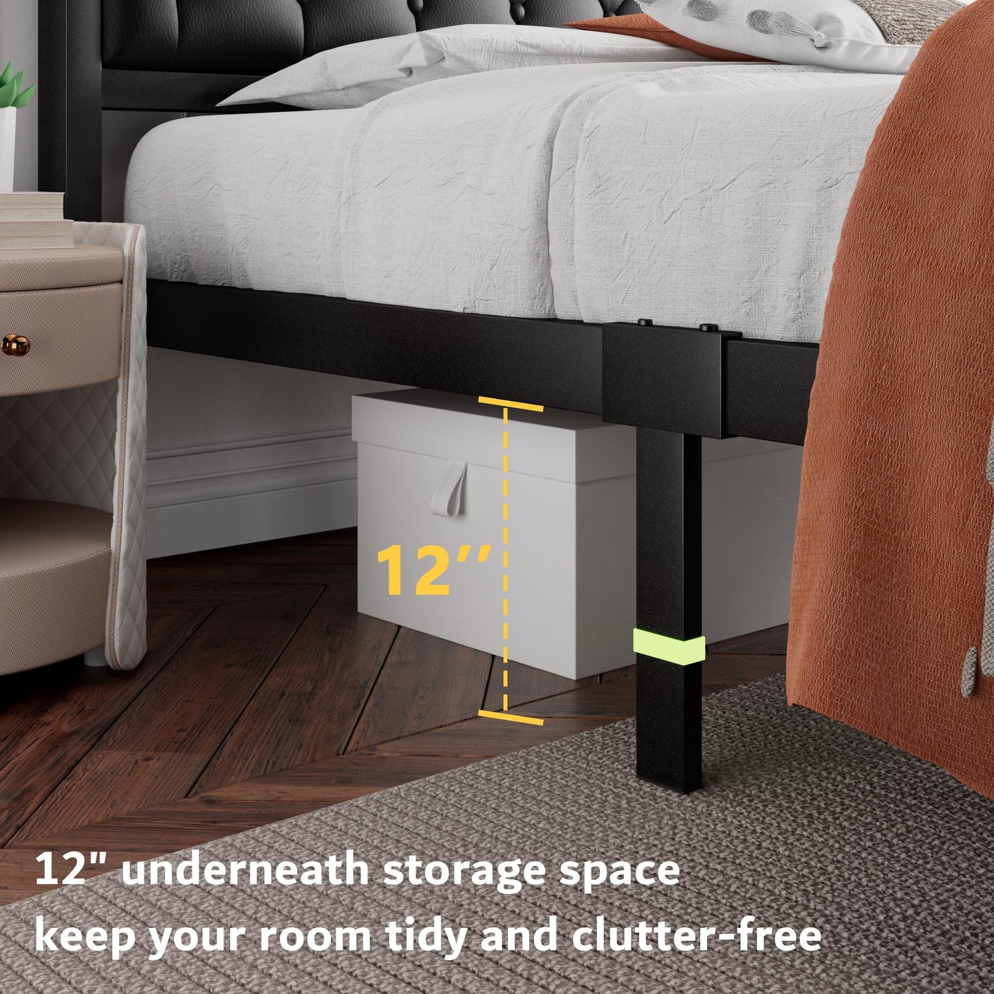 iPormis Queen Bed Frame with Headboard Faux Leather Upholstered Bed Frame Platform, All Metal Slats Support Platform Bed Frame with 12" Under Bed Space, Noise Free, No Box Spring Needed, Black