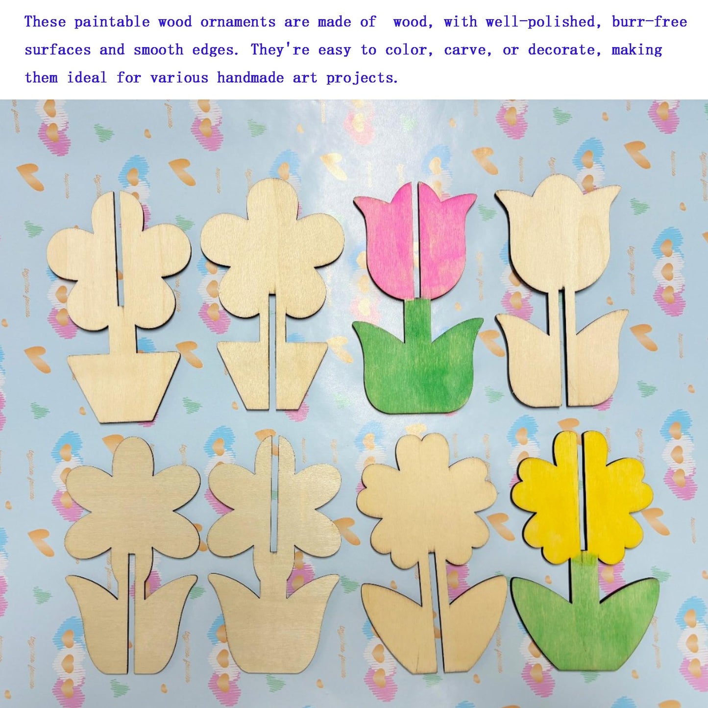 40PCS 3D Unfinished Blank Flower Wooden Cutouts Craft for Kids,Spring Tulip for Children's Painting DIY Room Decoration Gift Giving Surprise (40Flower)