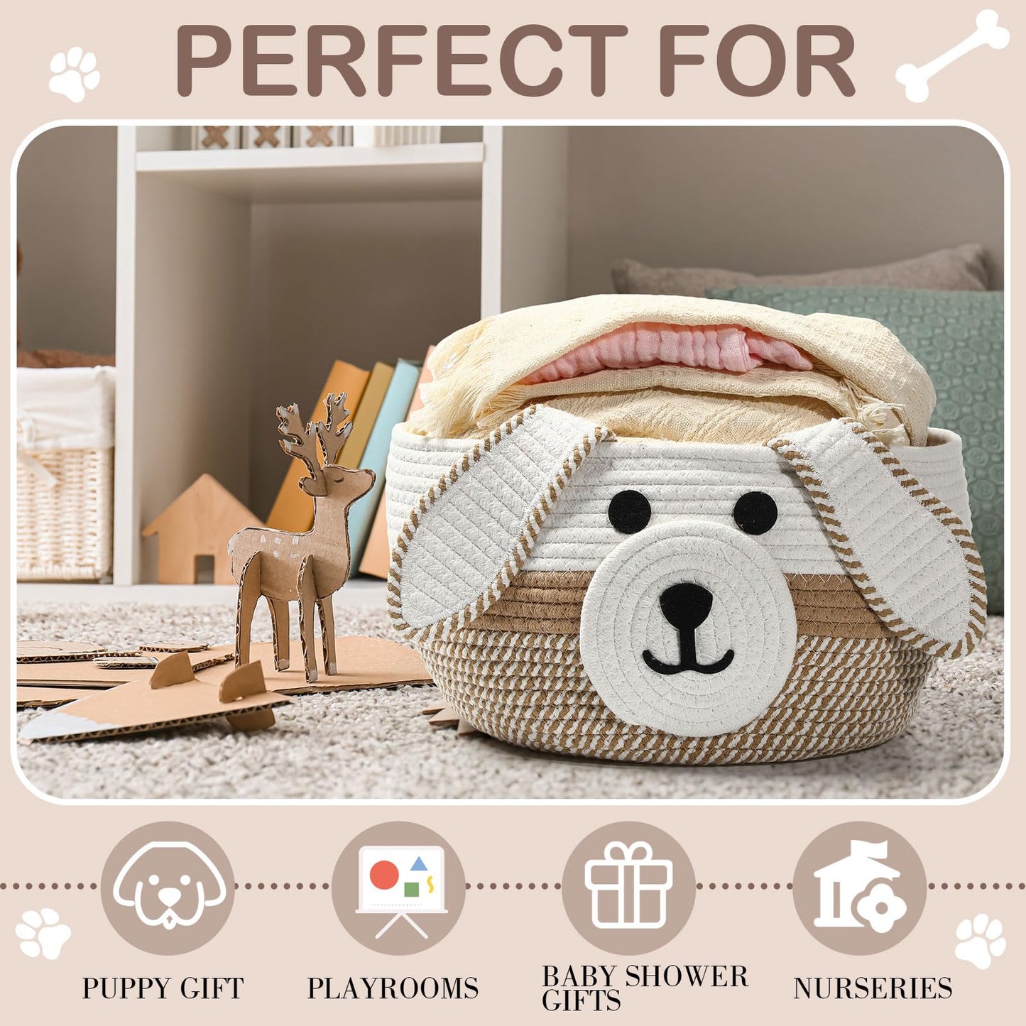 Zopeal Dog Woven Basket Cute Woven Cotton Rope Puppy Animal Storage Basket for Laundry Toy Gift(Khaki, White,13 x 8 Inch)