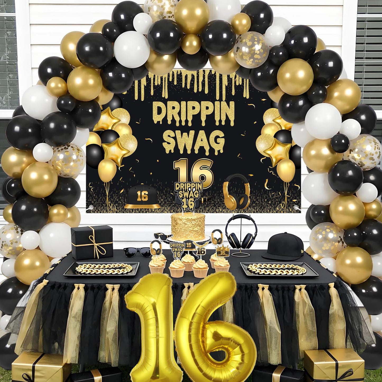 Jollyboom Drippin Swag 16 Birthday Decorations for Boys, Black and Gold 16th Birthday Backdrop Balloon Garland Kit with Banner Cake Topper Cupcake Toppers Number 16 Balloon for Boy Party Photo Wall