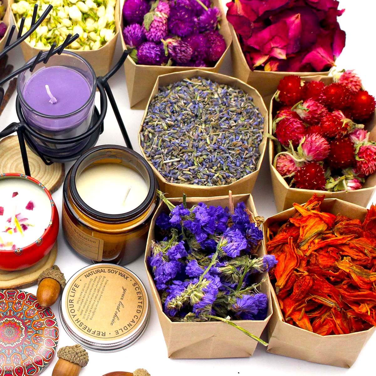 50 Packs Set - Dry Flower Craft Set, Dried Flowers, Dried Plants, Roses, Jasmine, Peonies, Lavender, Forget-me-nots, Witchcraft Kit, Resin Jewelry Making, DIY Candles, Seasonal Decorations