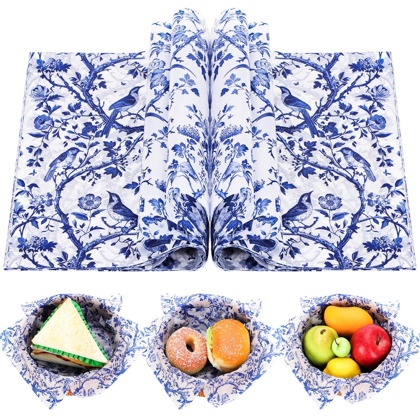 Bravopapier 150Pcs Blue Floral Bird Deli Paper, 9.8 x 8.3in Chinoiserie Floral Bird Grease Proof Food Wrap Paper Liners