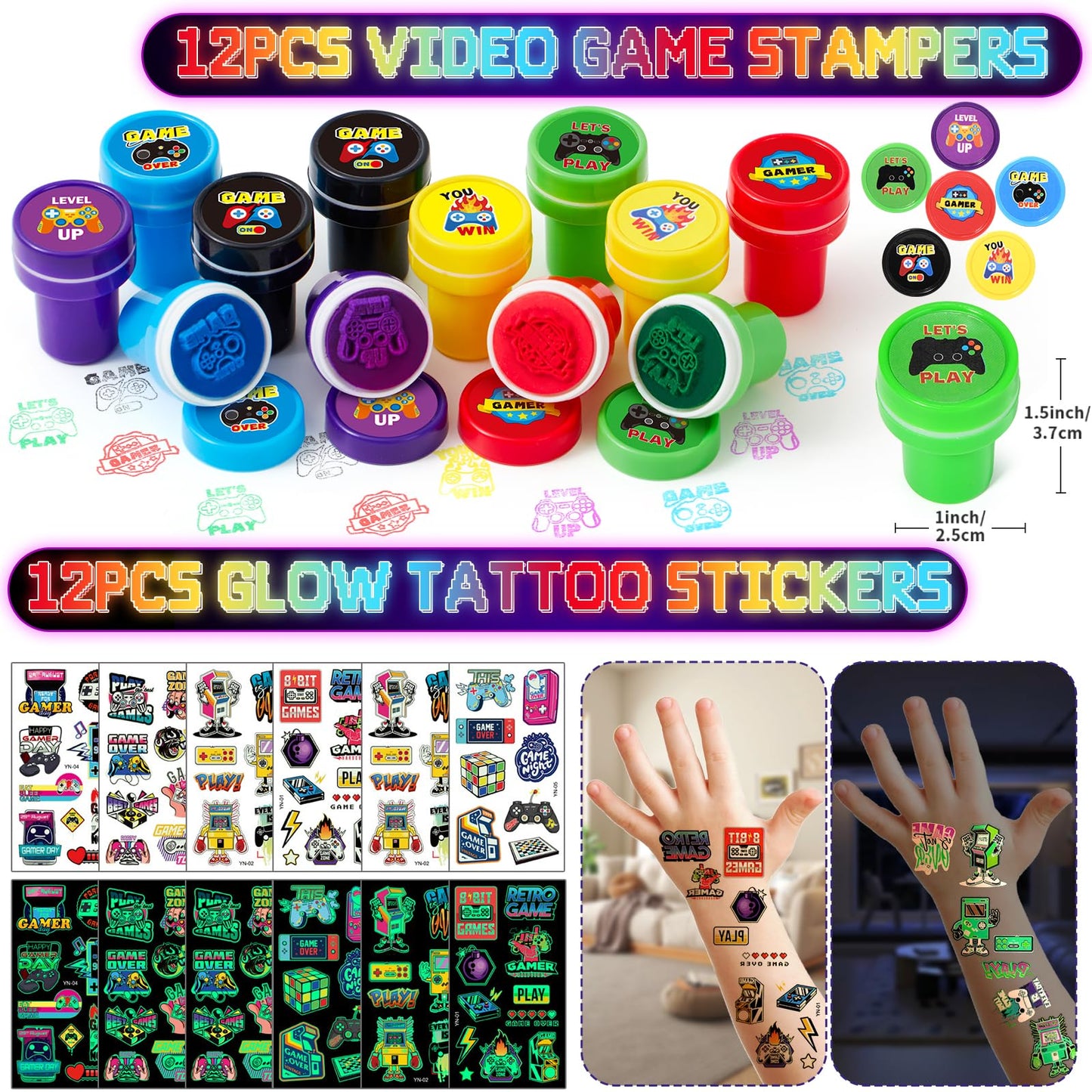 SNLN Video Game Party Favors Gamer Birthday Supplies Kids Notebook Invisible Ink Pen Paper Bag Silicone Bracelet Stamper Keychain Glow Tattoo Sticker Gaming Game On Party Favors Goodie Stuffers Decor