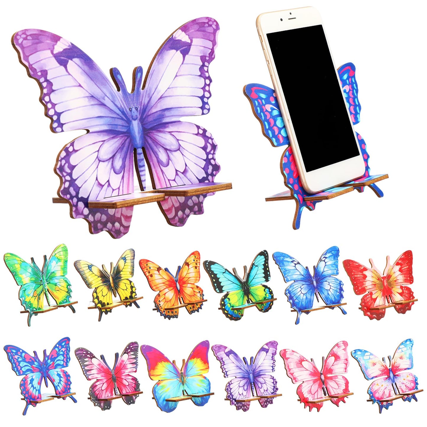 Konohan 12 Pack Wooden Butterfly Cell Phone Stands, Bulk Employee Appreciation & Spring Thank You Gifts, Decorative Desk Phone & Tablet Holders with Charging Hole, for Office, Team, Coworkers, Staff