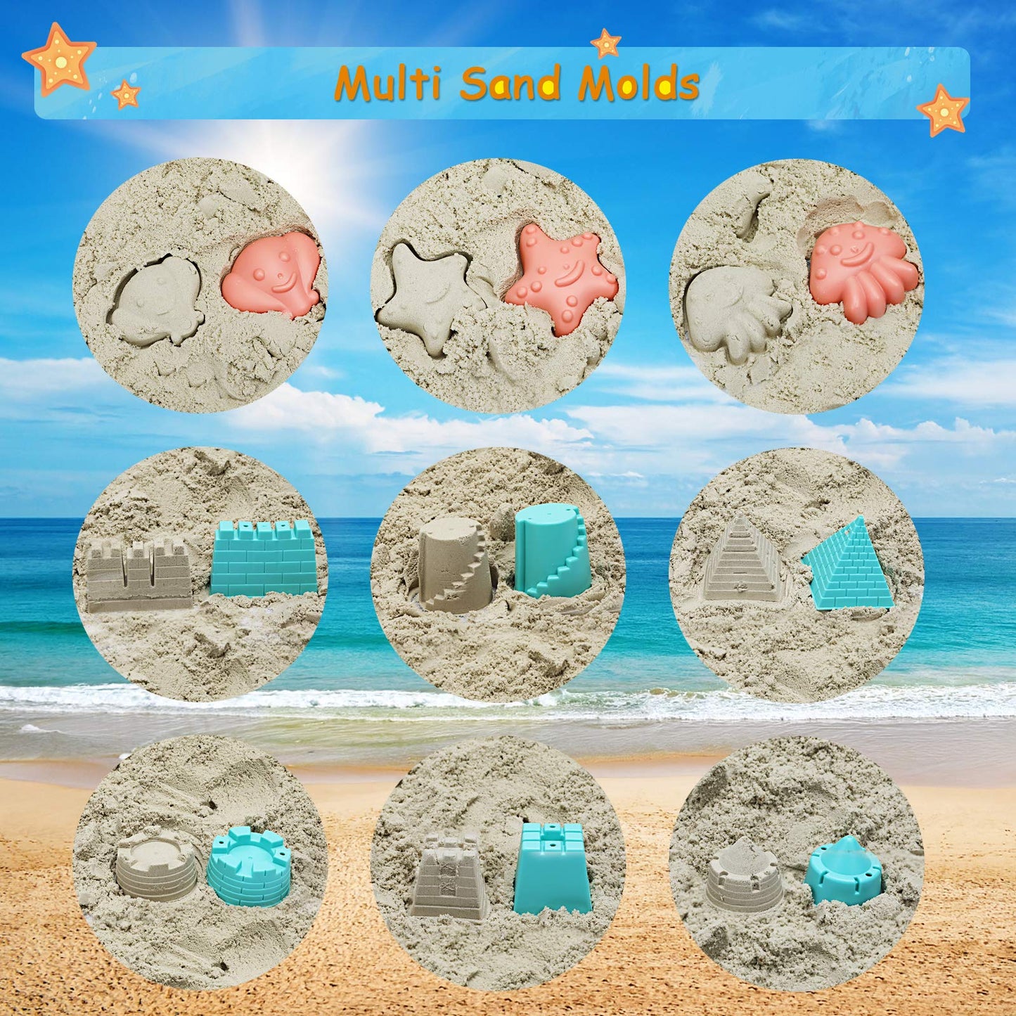 RACPNEL Beach Toys Sand Set for Kids, Collapsible Bucket and Shovels with Mesh Bag, Molds, Flags, Sandbox Kids Toddlers, Travel (Tavel Size)