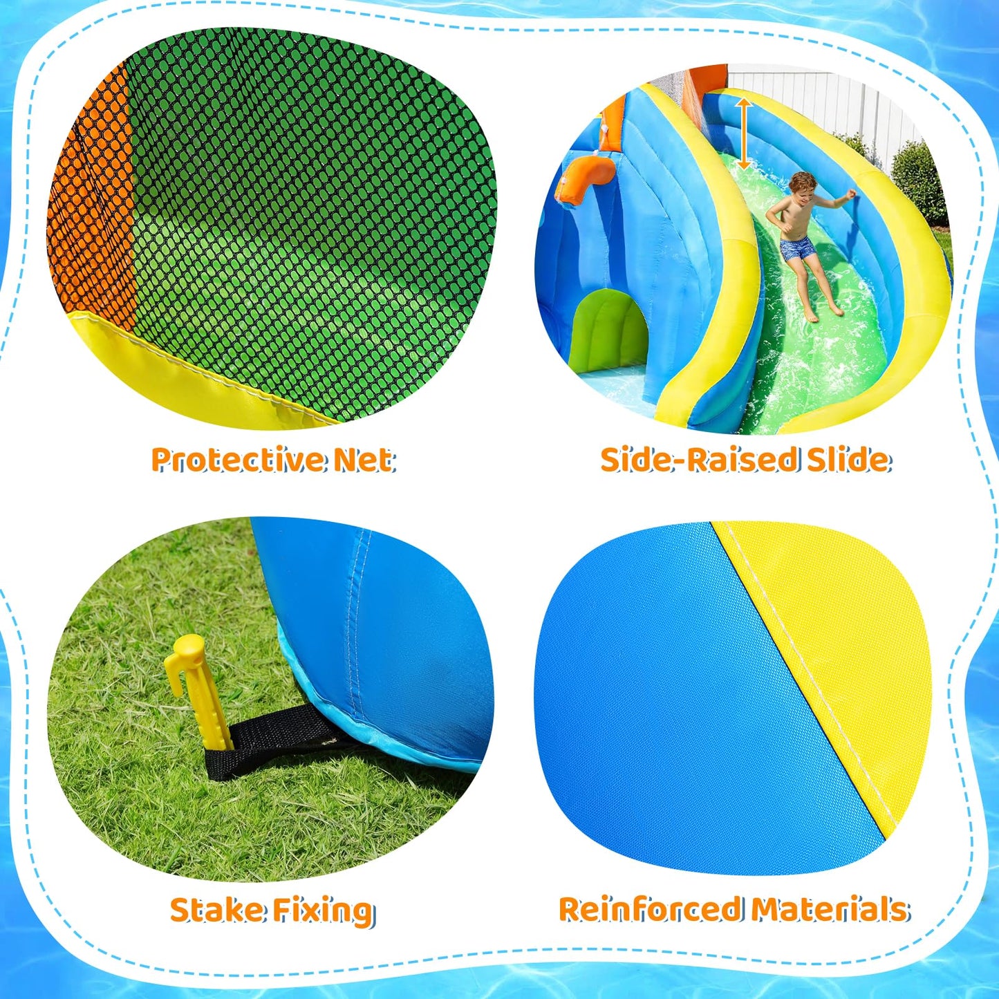 FINCOME Inflatable Bounce House with Water Slide, Kids Bouncy Castle with 480W Blower Slide Steeplechase Jumping Climbling Ring Toss Ball Hoop, Outdoor Indoor Bouncing House for Birthday Party Holiday