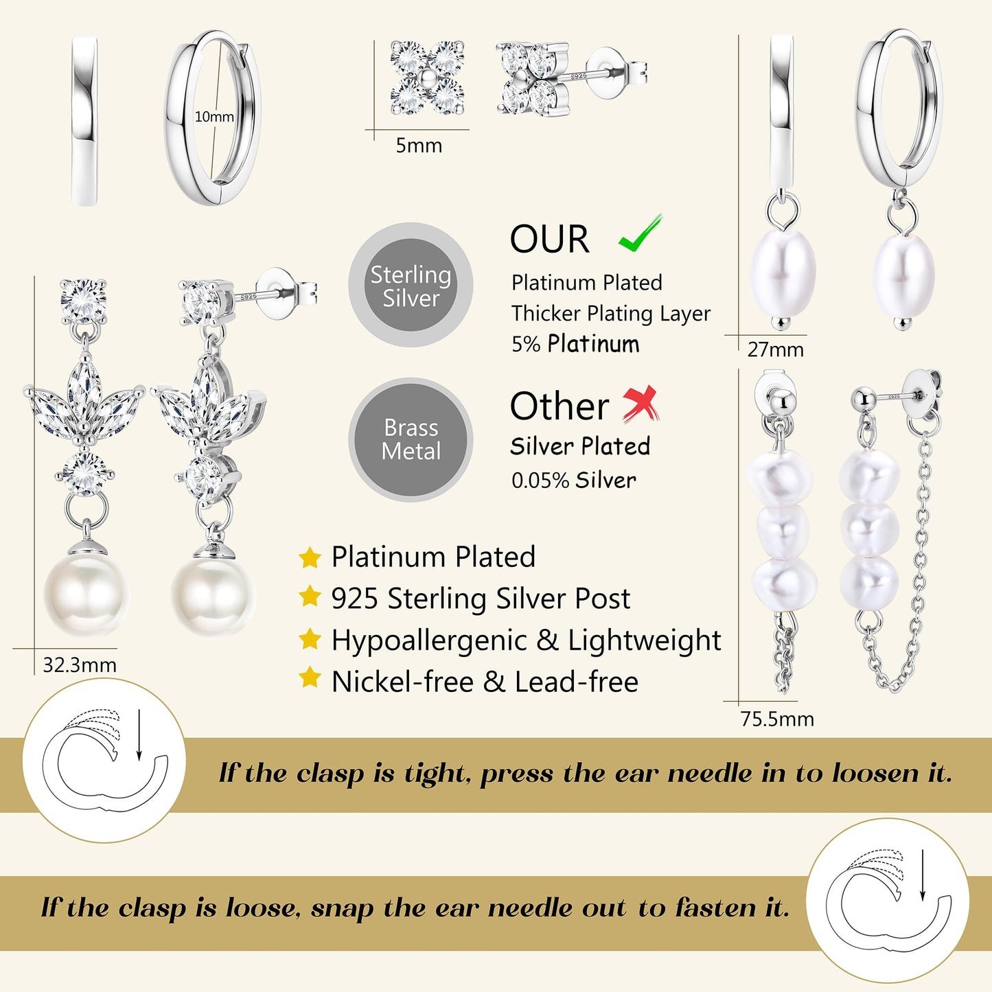 MILACOLATO 5Pairs 925 Sterling Silver Earrings for Women Platinum Plated Stud Huggie Hoop Earrings Sets for Multiple Piercing Hypoallergenic Pearl Cartilage Earrings Stacks Trendy Gifts