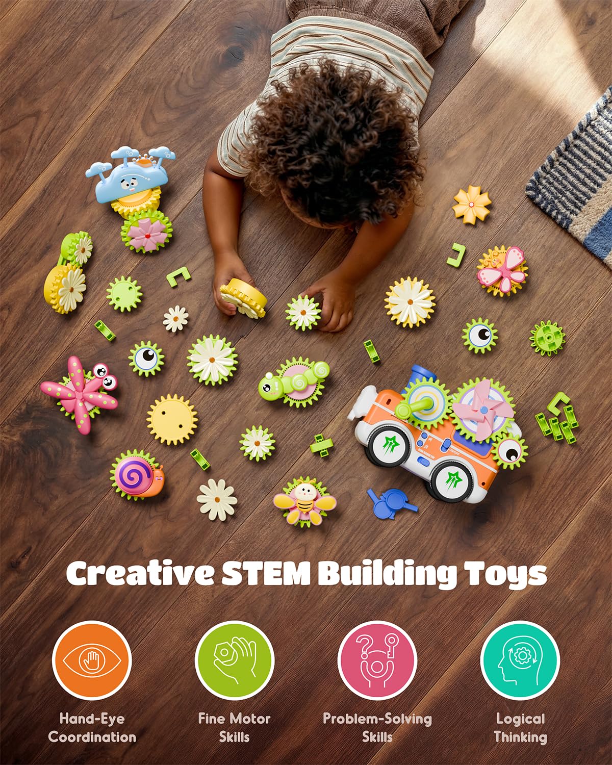 LIGHTDESIRE Montessori Toys for Toddlers 3 4 5 6 Years Old,Musical Baby Toy Train Electric Rotating Gear Flower Building Blocks Toddler Toys,Stem Toy DIY Assembly Birthday Gifts Baby Boy Girl
