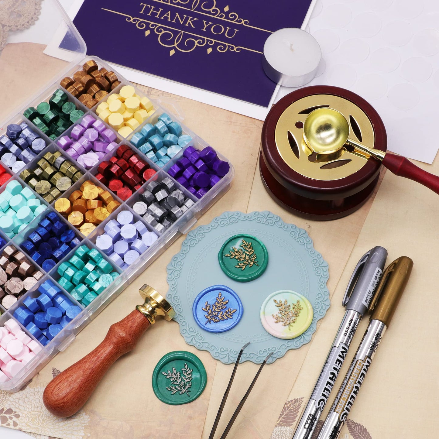 SWANGSA Wax Seal Kit with Gift Box, 24 Color 700pcs Sealing Wax Beads with Eucalyptus Stamp, Furnace, Pen, Thank You Cards and Silicone Mat for Wedding Invations, Christmas