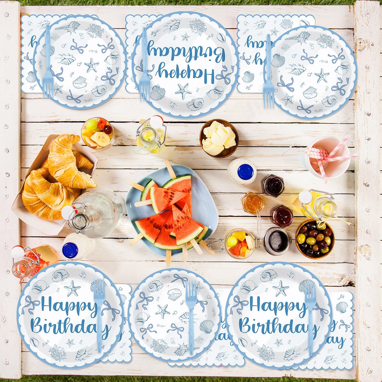 96PCS Coastal Beach Birthday Plates and Napkins Blue Bow Seashell Birthday Party Supplies Disposable Ocean Seashell Bow Tableware Set for Summer Beach Wedding Bachelorette Baby Shower Serves 24 Guests