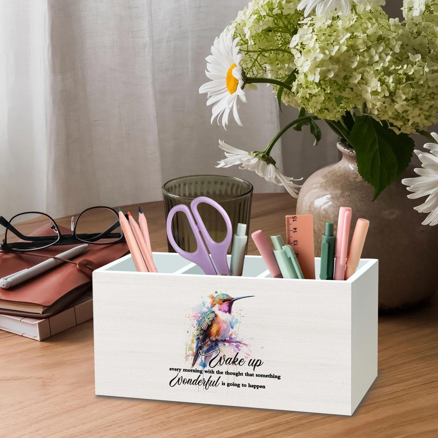 DILSJ Hummingbird Inspirational Pen Pencil Holder Organizer for Desk, Inspirational Gifts for Women, Motivational Quotes Wooden Box Signs for Home Office Desk Tabletop Decoration， Supplies