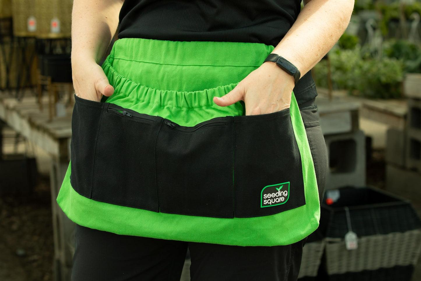 Seeding Square Harvest Garden Apron – pick fruits, vegetables, eggs and weeds & store small tools, seeds and personal items (Green Pockets on Black)
