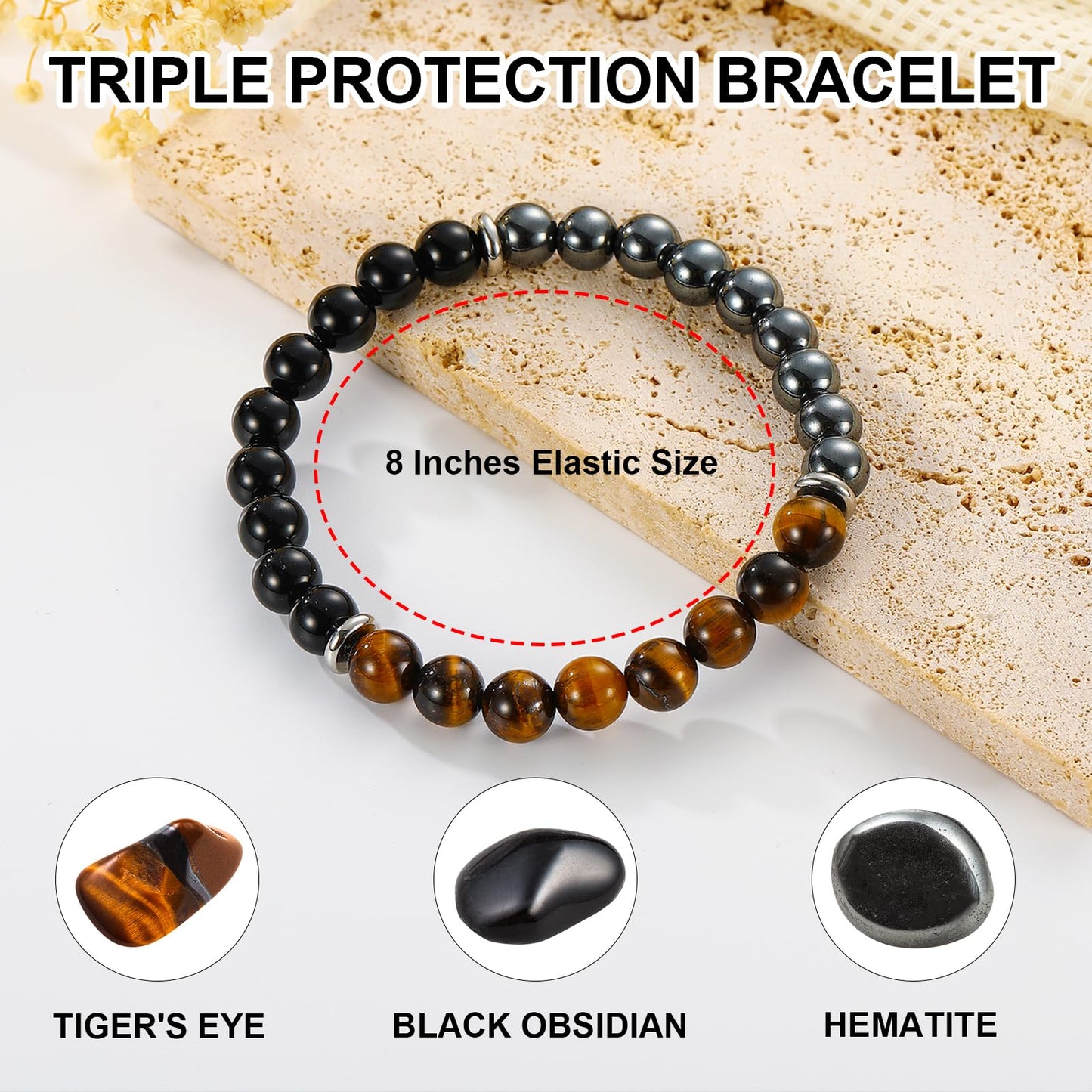 Gnamy Bracelet Gifts for Him Men Husband Boyfriend, Triple Protection Beaded Hematite Tiger Eye Black Obsidian Gemstone Bracelets Birthday Anniversary Healing Easter Valentines Christmas Jewelry Gifts