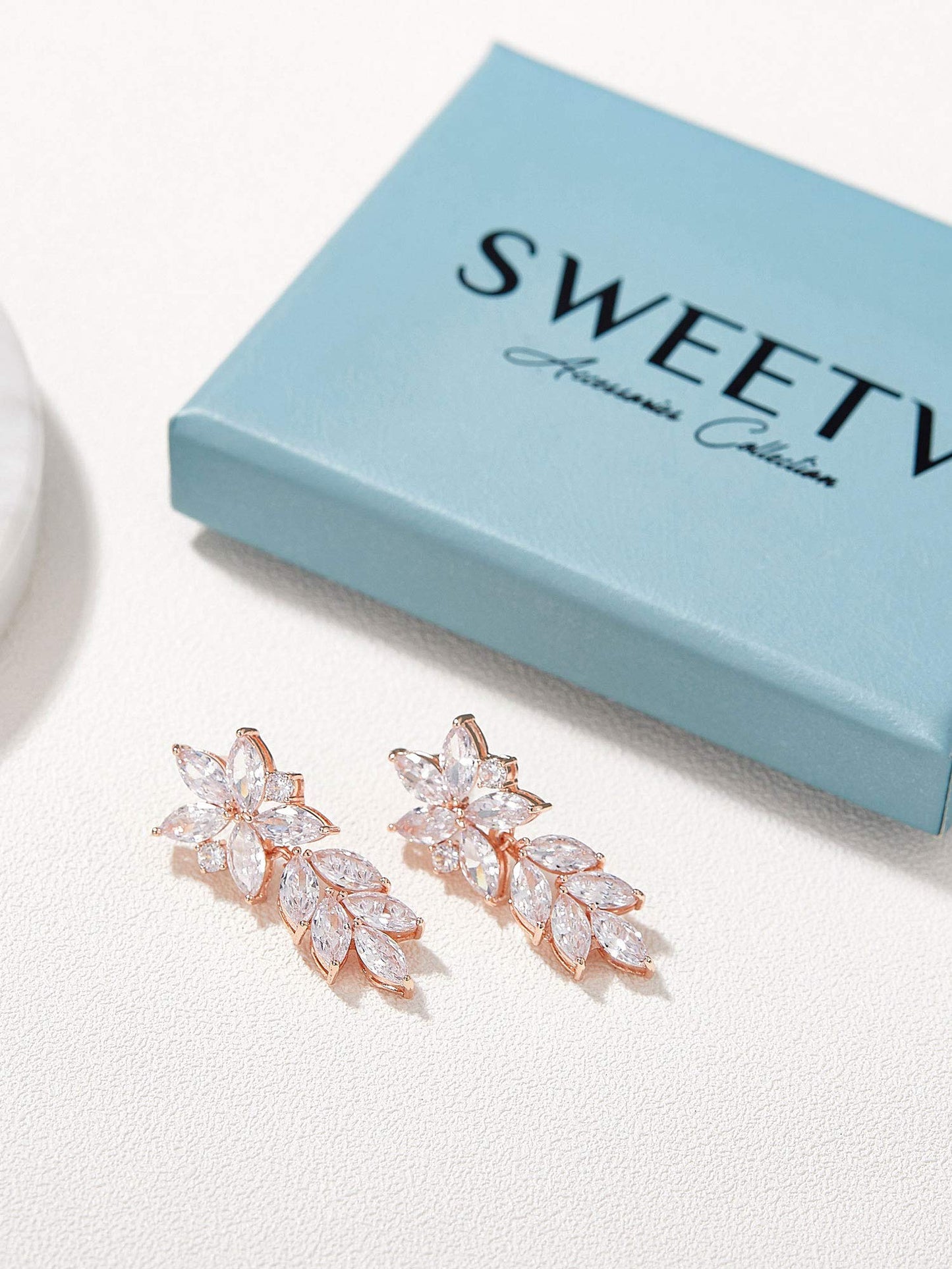 SWEETV Rose Gold Marquise Wedding Earrings for Brides, Bridal Bridesmaid Earrings for Wedding, Cubic Zirconia Dangle Drop Earrings for Women