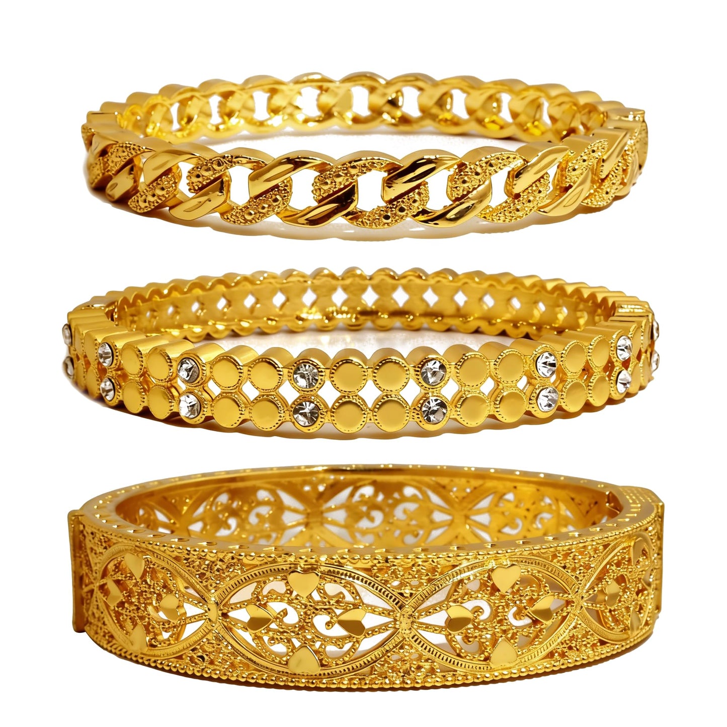 FIVESWEET 18K Gold Plated Women's Bangle Bracelet Set - Stackable Bulk Bracelets with Chain、Diamond-Circle、Hollow-Carved Designs, Minimalist Stylish Elegant, Tarnish & Oxidation Resistant, Gift for Her Girlfriend Wife Mom Sister Lover on Birthday Christ