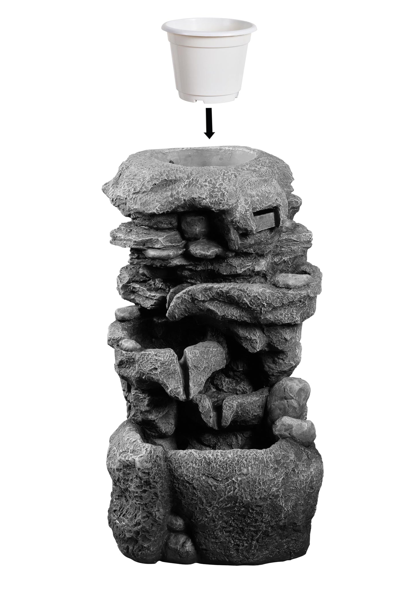 23" Tall Outdoor Water Fountain with Built-in Planter, 3-Tier Cascading Rock Waterfall with Warm LED Lights, Relaxing Zen Garden Fountain Decoration for Patio, Yard, Porch & Deck