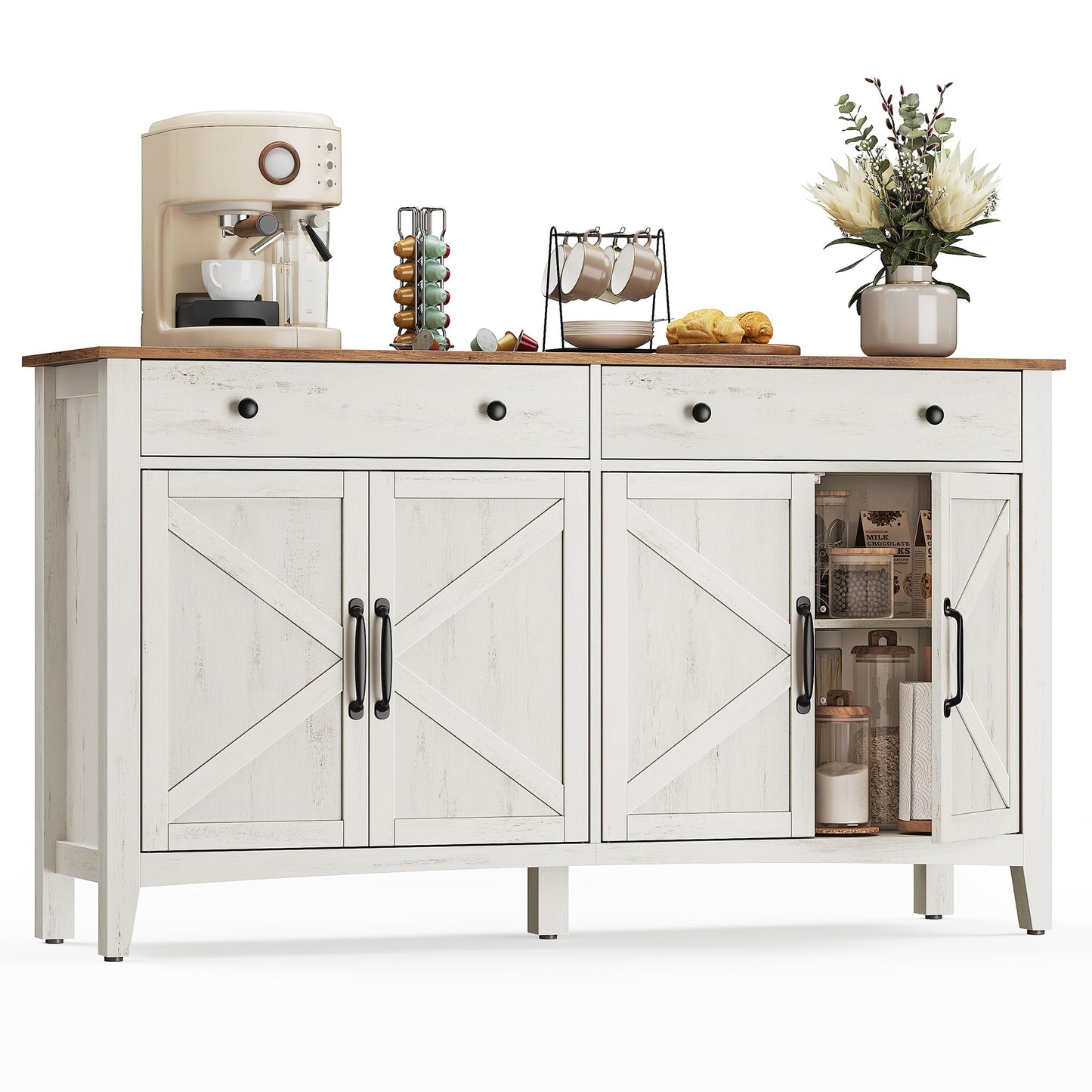 VASAGLE LIRY Collection - Buffet Cabinet, Coffee Bar Cabinet with 2 Drawers, Adjustable Shelves, Sideboard Storage with Cable Holes, Drawer Dividers, Rustic White and Honey Brown UBBK381W01
